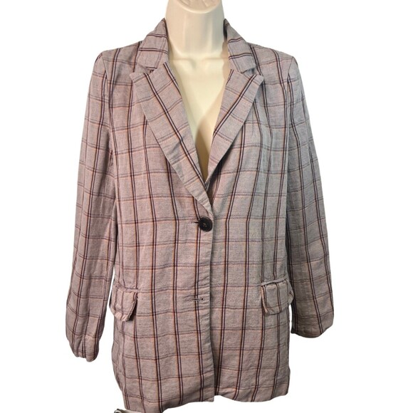 Frank and Oak Purple Plaid Single Breasted Blazer Jacket Linen Blend Size XS - Picture 1 of 12